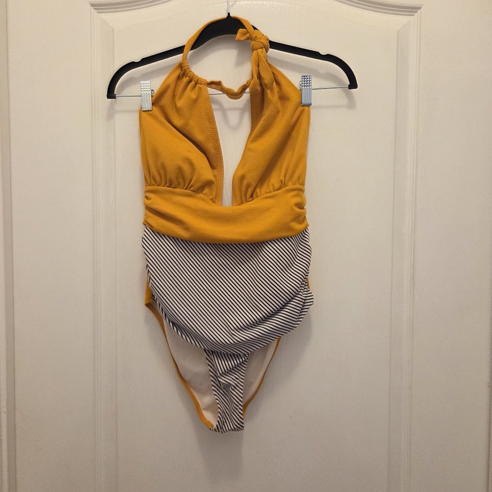 CUPSHE one piece swimsuit women's size medium yellow top with striped bottoms